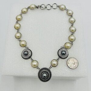 GS Signed Silver Tone Faux Pearl Rhinestone Statement Necklace 19"